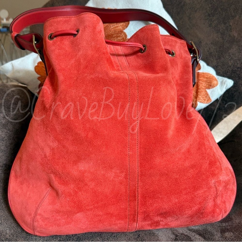 SOLD  DRAWSTRING VERMILLION SUEDE LEATHER BRASS HANGTAG EVC RARE - Picture 10 of 17